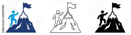 Multicolor Mountain Goal Achievement Icon Set with Filled and Outline Styles for Success Leadership Career Growth Goal Reaching and Motivation Isolated on Transparent Background