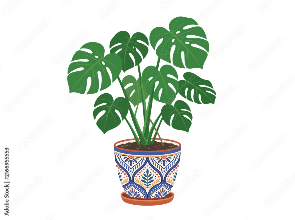 Fototapeta premium Monstera Deliciosa Houseplant in Ornate Patterned Ceramic Pot Vector Illustration