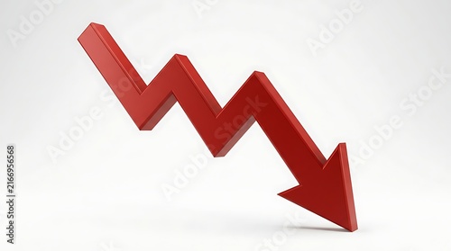 Red down arrow pointing downward on white background symbolizing business failure and loss with financial crash market decline economic loss
