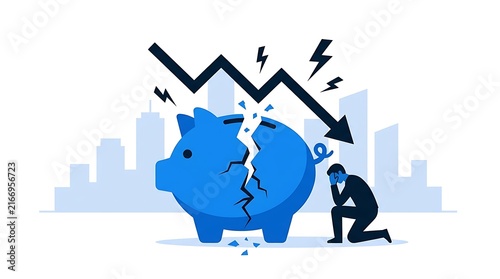 Broken blue piggy bank with downward financial graph arrow and sad person kneeling down recession financial bankruptcy downward kneeling