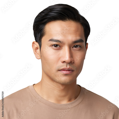 Portrait of a young asian man with neutral expression isolated on a transparent background
