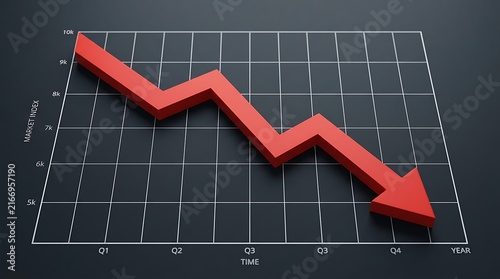 Red down arrow pointing downward on financial grid background representing market crash with financial loss economic decline business downturn