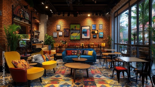 Stylish and inviting interior design of a modern coffee shop with comfortable seating and colorful accents