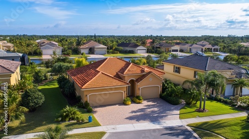 Aerial View of Luxurious Residential Homes in a Picturesque Neighborhood