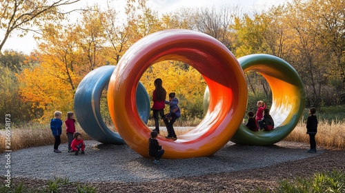Children Explore Colorful Ring Sculpture in Autumn Park, creating joyfull moments