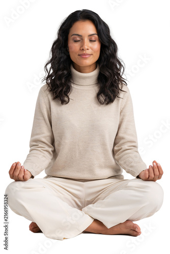 Woman meditating in lotus pose wearing beige sweater isolated on a transparent background