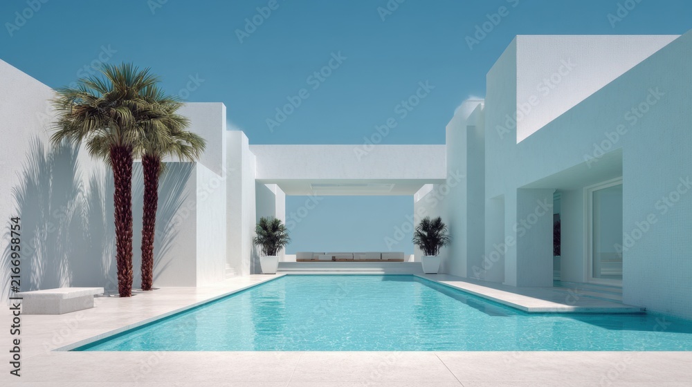 Fototapeta premium Minimalist luxury villa courtyard with pool and palm trees on sunny day