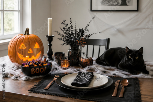 Halloween table setting with pumpkin, candy bowl, webs and black cat, holiday dining scene
