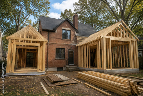 Brick house with wooden frame additions and construction lumber in yard, home renovation and building concept