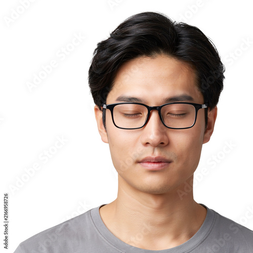 Young asian man wearing glasses with eyes closed isolated on a transparent background