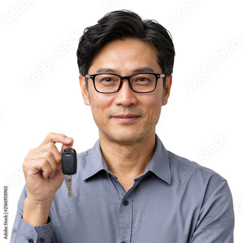 Asian man holding car key fob isolated on a transparent background