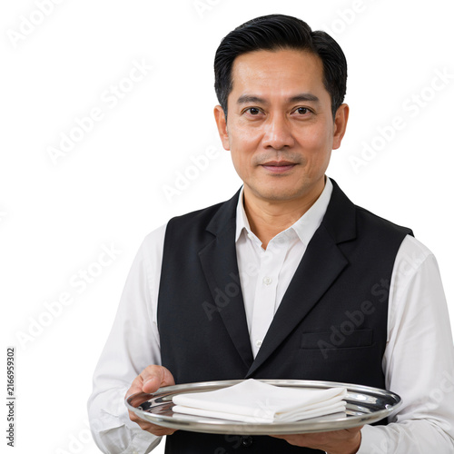 Asian waiter holding a silver serving tray with napkin isolated on a transparent background