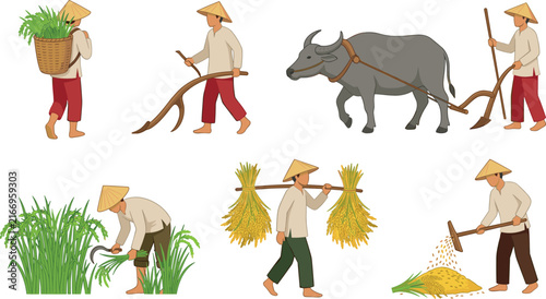 фотографія Traditional Asian rice farmers cultivating fields vector illustration set with p
