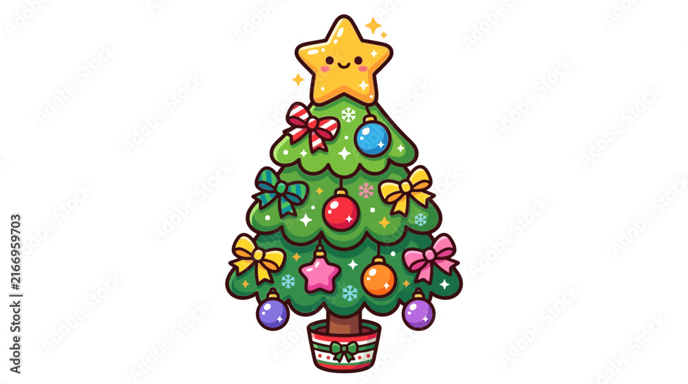 Fototapeta premium Colorful Christmas tree with happy star and ribbons.