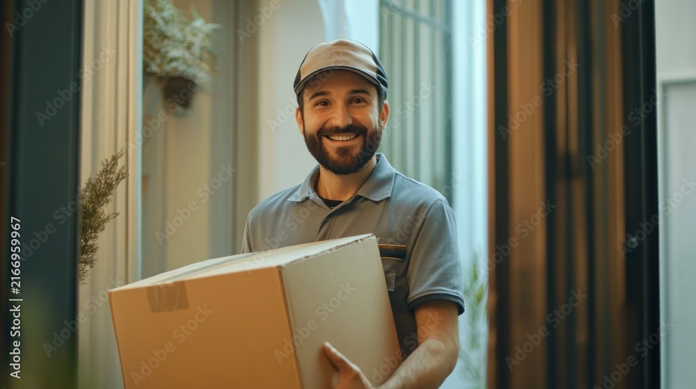 Obraz premium Delivery person delivering a package smiling at the camera