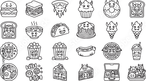 Cute Spooky Halloween Monster Fast Food and Snacks Line Art Icon Set in Monoline Style