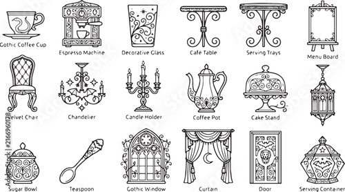 Gothic Cafe Interior and Vintage Coffee Shop Elements Line Art Icon Set in Monoline Style