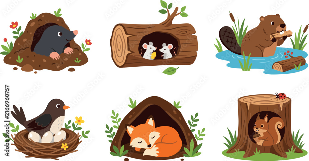 Fototapeta premium Cute forest animals in their homes vector illustration set with fox den bird nest beaver pond squirrel tree hollow icons