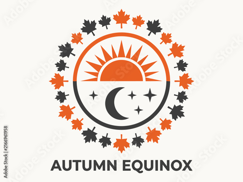Bild auf Leinwand Autumn equinox emblem showing sun moon balance with maple leaf wreath