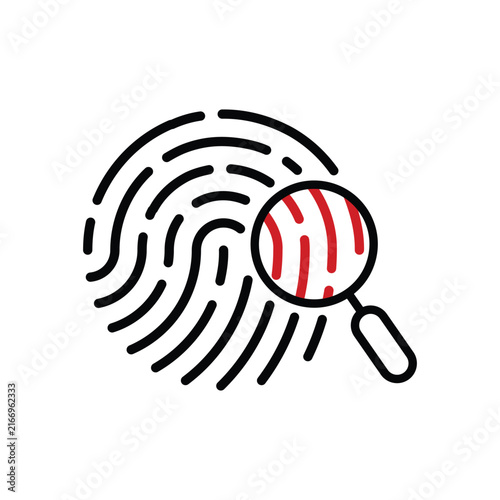 Search Fingerprint Icon. Magnifying Glass Identification icon. Fingerprint through Magnifying Glass. Crime pictogram, People Search, Biometric Identification. Vector illustration