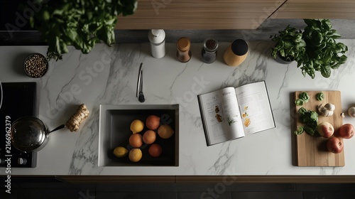 Overhead shot of a modern kitchen countertop with fresh ingredients and cookbook