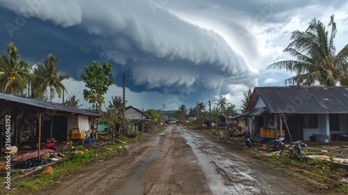 Dramatic Storm Clouds Looming Over a Rural Village in Southeast Asia