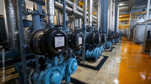 Industrial equipment setup with pipes and machinery in a factory