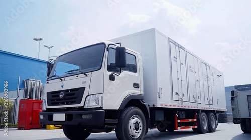 Modern delivery truck standing in the industrial area for distribution