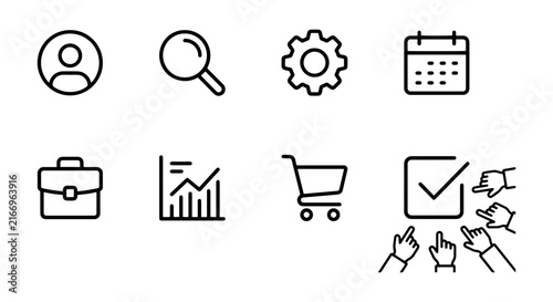 Business Icons Set: User, Search, Gear, Calendar, Briefcase, Chart, Cart, Checklist
