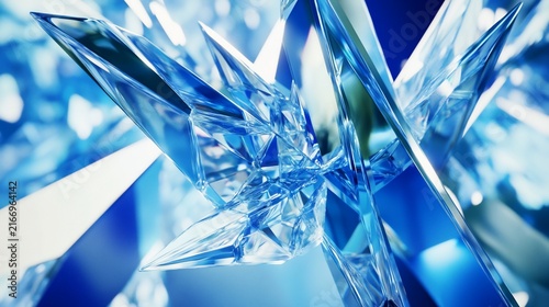 Abstract crystalline structure with sharp blue glass reflections
