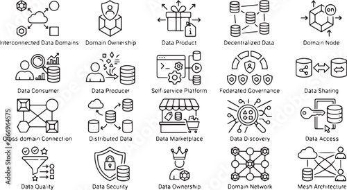 Data Mesh Architecture and Distributed Data Management Monoline Icon Set