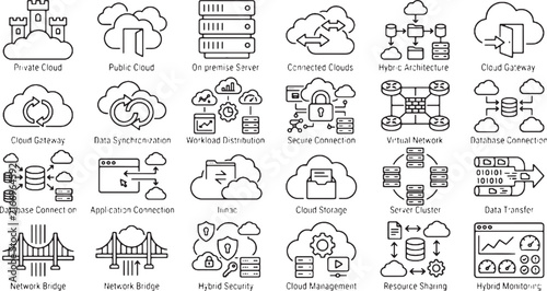 Hybrid Cloud and IT Infrastructure Monoline Icon Set