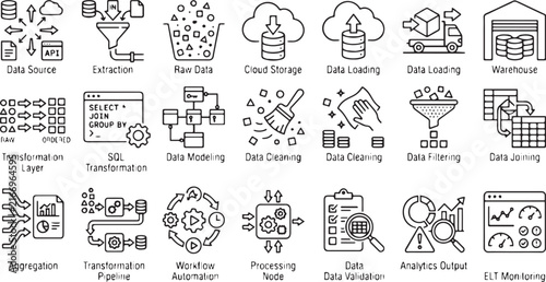 ELT Workflow Icon Set: 20 Monoline Icons for Data Engineering, Cloud Warehousing, and Transformation