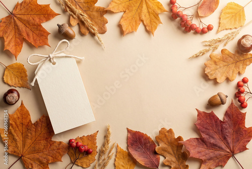 Autumn Sale with autumn leaves and a blank tag on a beige background  