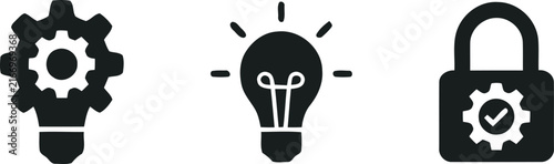 Set of black icons featuring a gear lightbulb a glowing lightbulb and a secure padlock with settings gear