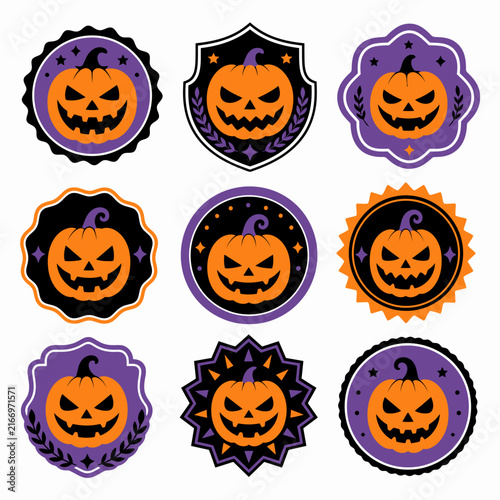 A collection of nine decorative Halloween pumpkin emblems featuring various frame shapes.