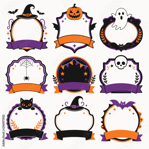 A collection of nine decorative Halloween-themed frames and labels with spooky icons.