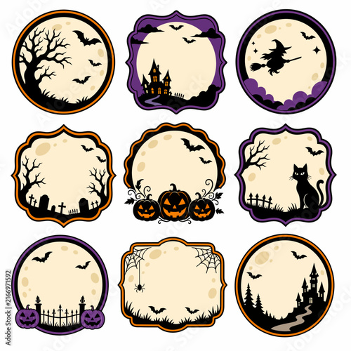 A collection of nine decorative Halloween-themed frames features silhouettes of pumpkins,.