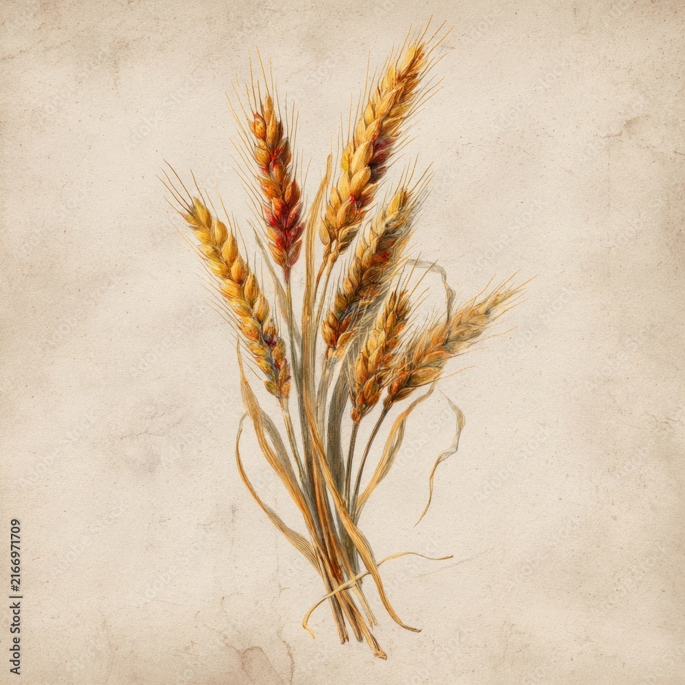 Fototapeta premium Botanical wheat stalk illustration on textured vintage parchment