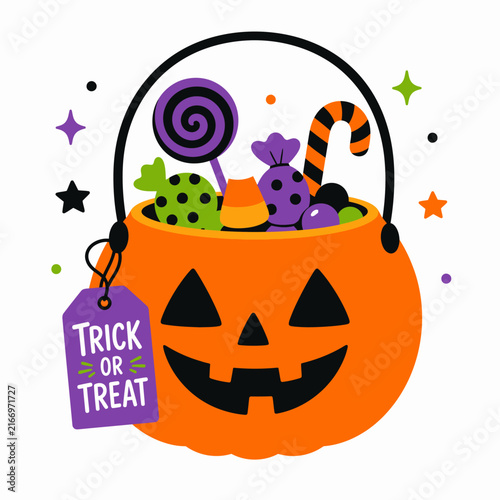 A cartoon jack-o-lantern bucket is filled with colorful Halloween candies and a trick or.