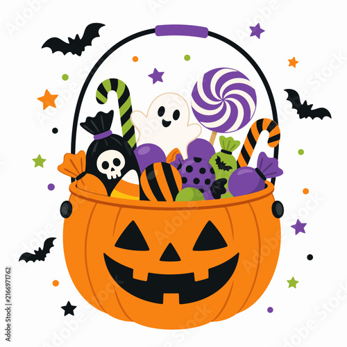 A cartoon illustration shows an orange jack-o-lantern bucket filled with colorful.