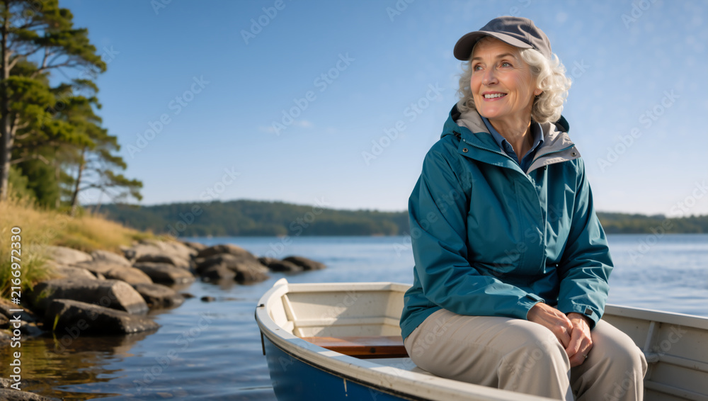 Fototapeta premium Smiling senior woman sitting in a rowboat on a lake. Active older female enjoying outdoor recreation in nature. Retirement lifestyle concept