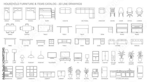 Household furniture catalog with 2D line drawings of various items and appliances for interior design