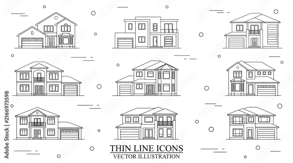 Obraz premium Various modern house designs and architecture in thin line style vector illustration set