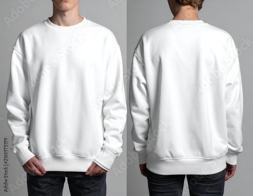 Men's white crewneck sweatshirt mockup front and back.