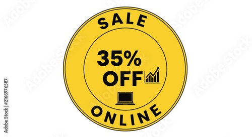 Bright yellow circular sale sticker with bold text and growth chart icon