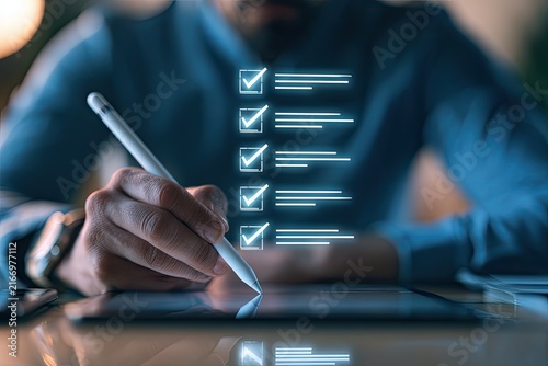 Person uses stylus to check off items on a digital checklist