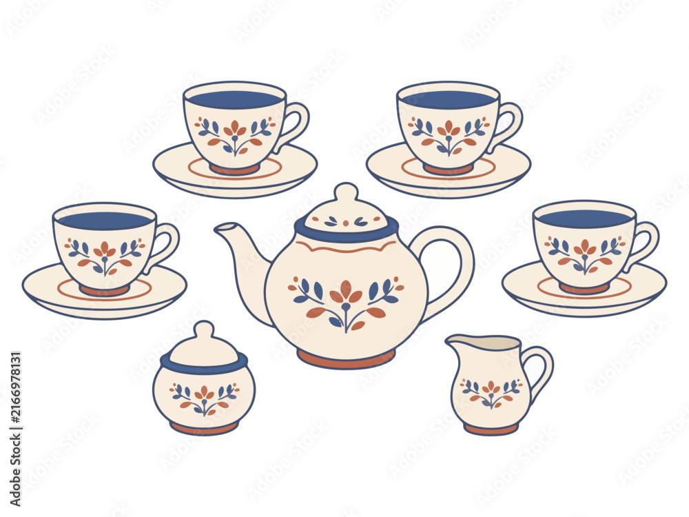 Obraz premium Aesthetic ceramic tea set illustration featuring blue and orange floral details