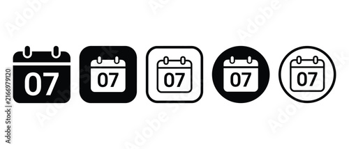 Calendar Icon Set with Number 07, Date Planning Symbol, Monthly Schedule Design Featuring Graphic