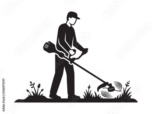 Clean outdoor worker silhouette operating a power string trimmer tool